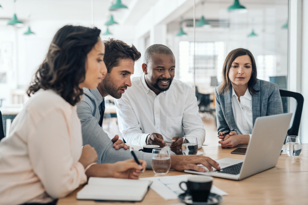 Diverse group of smiling business people working together